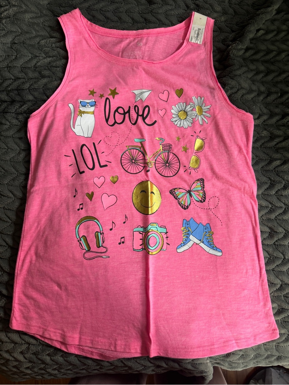 SO Girls' Hot Pink Graphic Tank Top with Colorful Icons